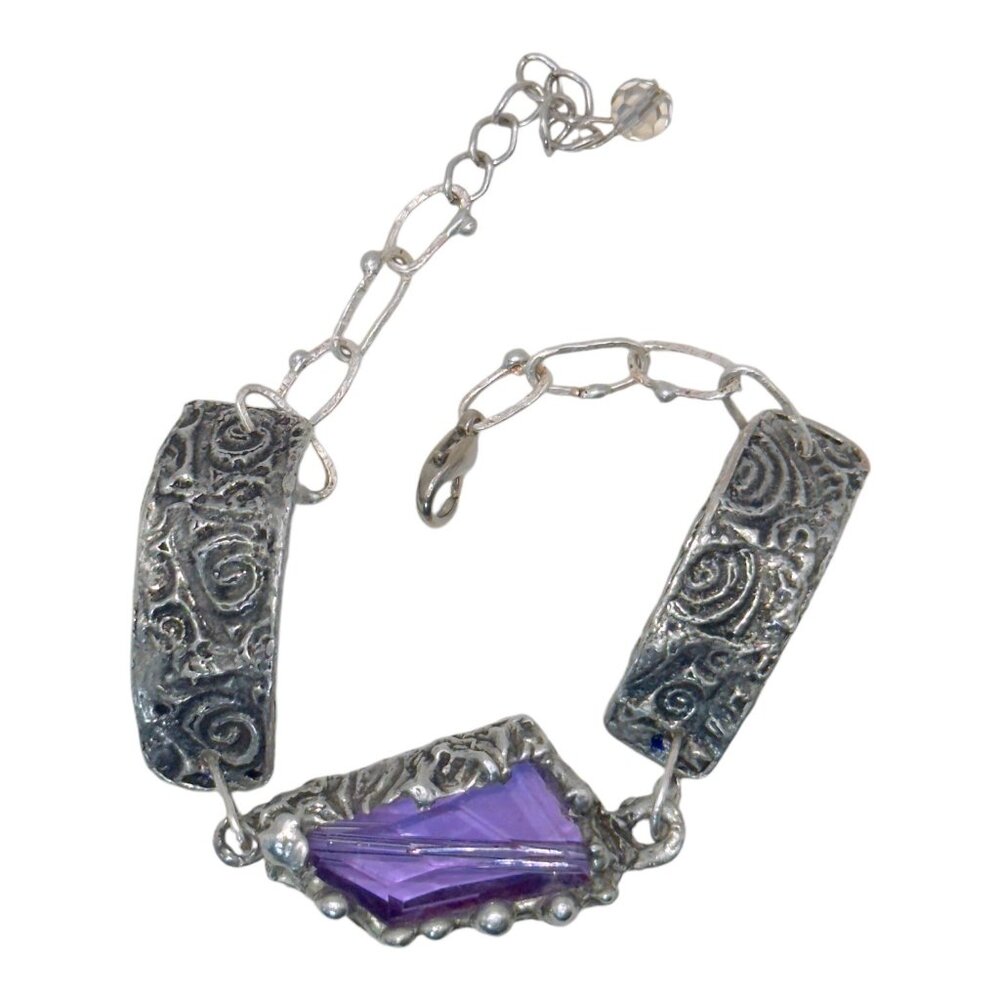 Amethyst Bracelet - Chunky Crystal Intricate Silver Links Adjustable 8" - Picture 7 of 17
